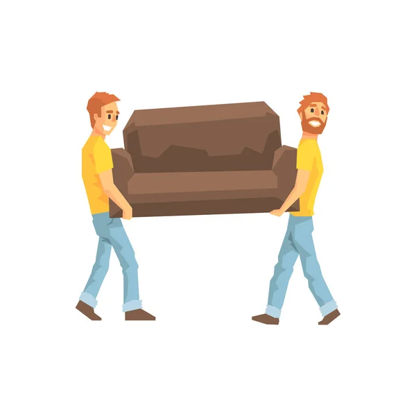 Dos mudantes que llevan el sofá para el ressetlement, empleados de la compañía de entrega que entregan la ilustración de los envíos — Vector de stock