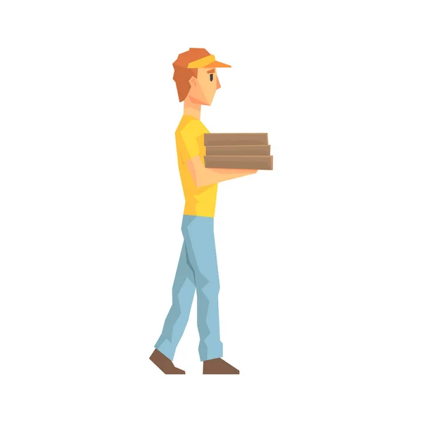 Ragazzo che trasporta mucchio di scatole di pizza, consegna azienda dipendente consegna spedizioni illustrazione — Vettoriale Stock