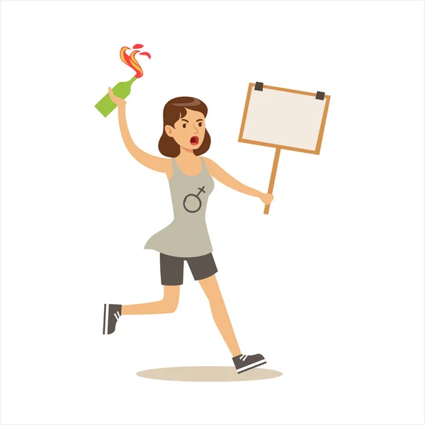 Feminist Girl With Molotov Cocktail Marching In Protest With Banner, Screaming Angry, Protesting And Demanding Political Freedoms — Stock Vector