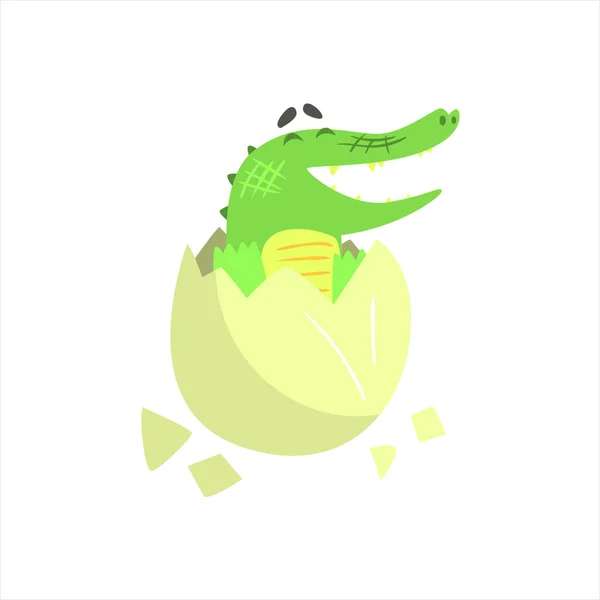 Crocodile Baby Hatching From Egg, Humanized Green Reptile Animal Character Every Day Activity — Stock Vector