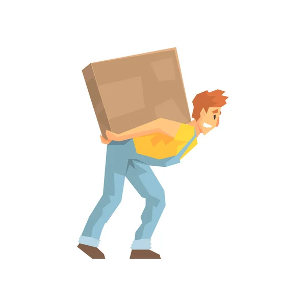 Mover Carrying a Large Box On His Back, Delivery Company Employee Delivering Shipments Illustration — стоковый вектор