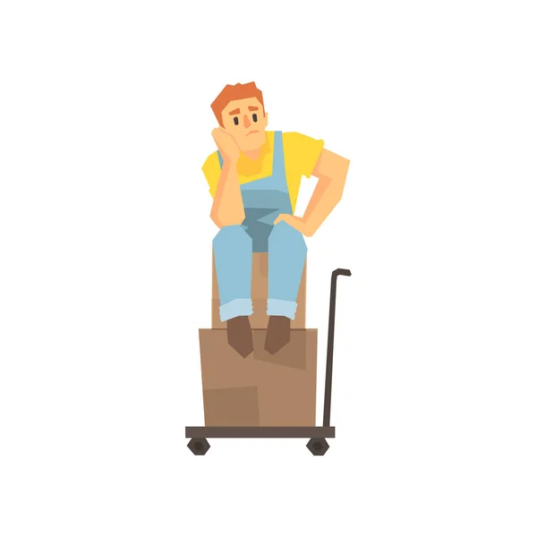 Mannen sitter olycklig på högen av lådor på Last vagn, leverans företag anställde leverera försändelser Illustration — Stock vektor