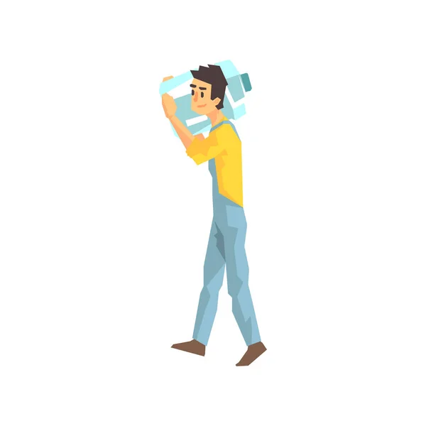 Trabajador que lleva la botella grande del agua para la oficina, empleado de la compañía de la entrega que entrega los envíos ilustración — Vector de stock