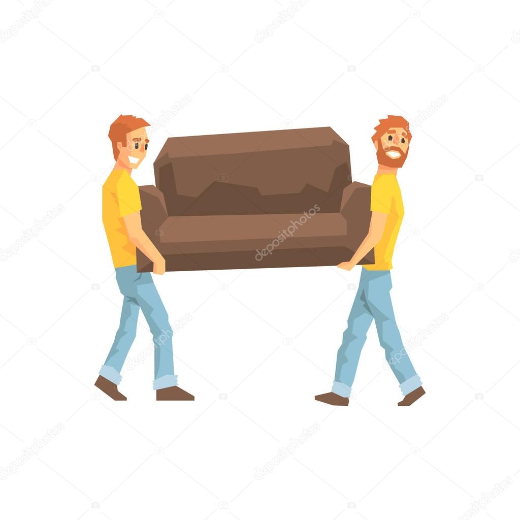 Two Movers Carrying Sofa For Ressetlement,Delivery Company Employees Delivering Shipments Illustration