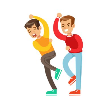 Zayıf ama savunma ateşi açıyor başka bir çocuk kavga Kırmızı Top iki çocuklar yumruk dövüşü pozisyonlar, agresif zorba uzun kollu