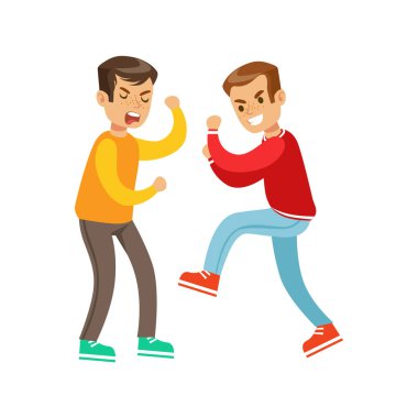 Zayıf ama savunma ateşi açıyor başka bir çocuk kavga Kırmızı Top iki çığlık çocuklar yumruk dövüşü pozisyonlar, agresif zorba uzun kollu