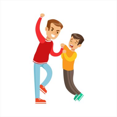 İki erkek yumruk kavga konumlarını, agresif zorba uzun kollu Kırmızı Top başka bir mücadele bir çocuğun küçük ve zayıf