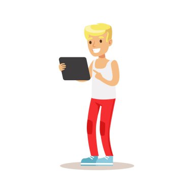 Çocuk ve Tablet, çocuk ve Gadget illüstrasyon izlerken, elektronik cihaz kullanarak oynayan çocuk ile