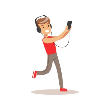 Kulaklıklar ve müzik çalar, çocuk ve Gadget illüstrasyon izlerken, elektronik cihaz kullanarak oynayan çocukla çocuk