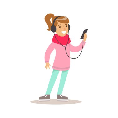 Gadget illüstrasyon ile izlerken, elektronik cihaz kullanarak oynayan çocuk, çocuk ve akıllı telefon ve kulaklık ile kız