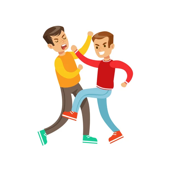Two Boys Fist Fight Positions, Aggressive Bully In Long Sleeve Red Top Fighting Another Kid Who Is Fighting Back — Stock Vector