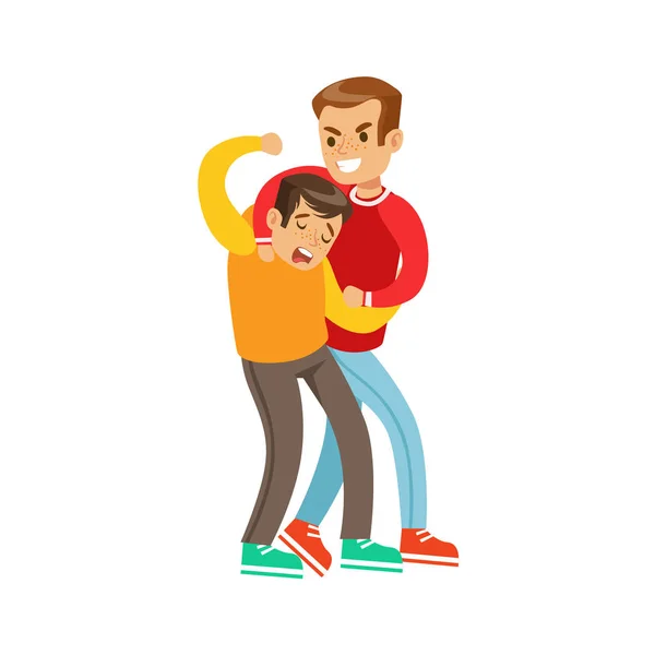 Two Boys Fist Fight Positions, Aggressive Bully In Long Sleeve Red Top Fighting Another Kid Using Strangling Technique — Stock Vector