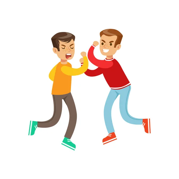 Two Equal Size Boys Fist Fight Positions, Aggressive Bully In Long Sleeve Red Top Fighting Another Kid Who Is Weaker But Is Fighting Back — Stock Vector