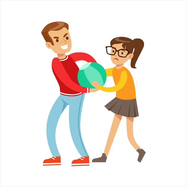 Boy And Girl Fist Fight Positions, Aggressive Bully In Long Sleeve Red Top Fighting Another Kid Taking Away A Ball — Stock Vector