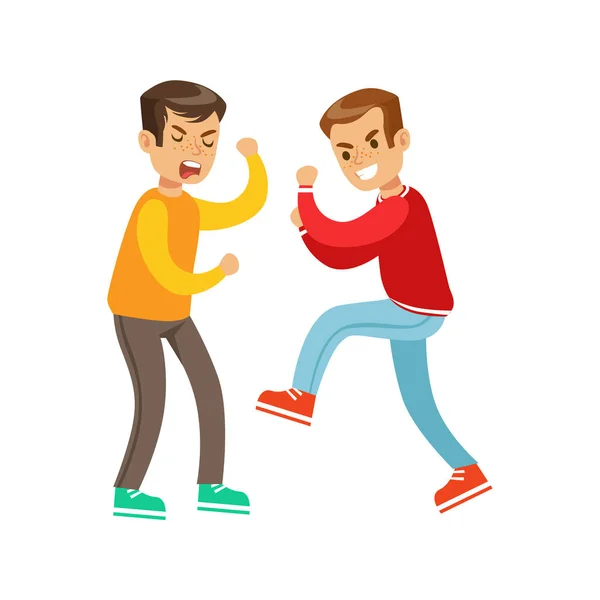 Two Screaming Boys Fist Fight Positions, Aggressive Bully In Long Sleeve Red Top Fighting Another Kid Who Is Weaker But Is Fighting Back — Stock Vector