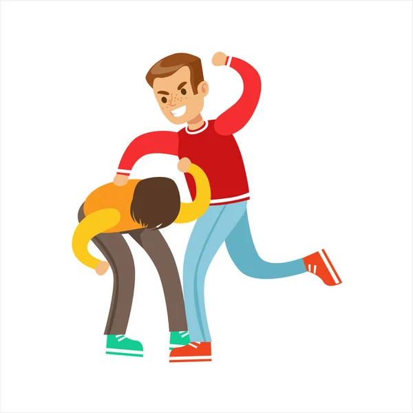 Two Boys Fist Fight Positions, Aggressive Bully In Long Sleeve Red Top Fighting Another Kid Hitting Him In Back — Stock Vector