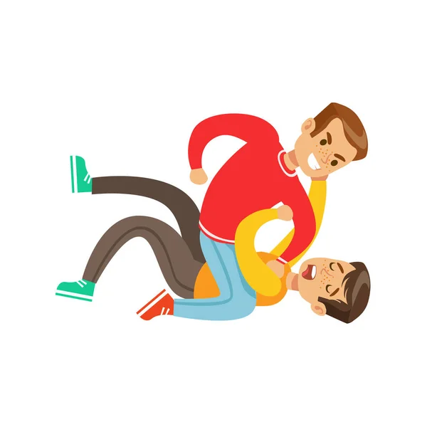 Twee jongens vuist strijd posities, agressieve bullebak op lange mouwen rood Top bestrijding van een ander kind hem op de grond duwen — Stockvector
