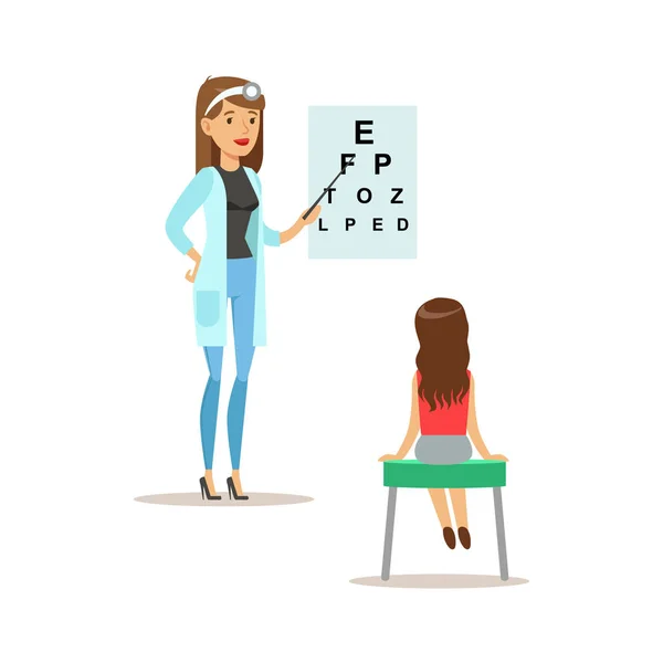 Дівчина на медичні очі вісімка огляд з жінкою педіатр лікар робить фізичний огляд для дошкільної інспекції здоров'я — стоковий вектор