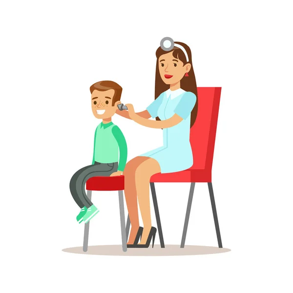 Boy On Medical Check-Up With Female Pediatrician Doctor Checking His Ears Doing Physical Examination For The Pre-School Health Inspection — Stock Vector