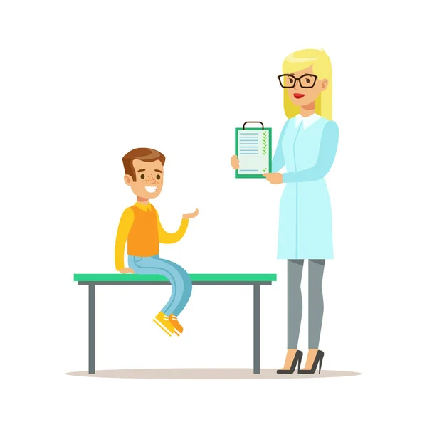 Boy On Medical Check-Up With Female Pediatrician Doctor Doing Physical Examination With Clipboard For The Pre-School Health Inspection — Stock Vector