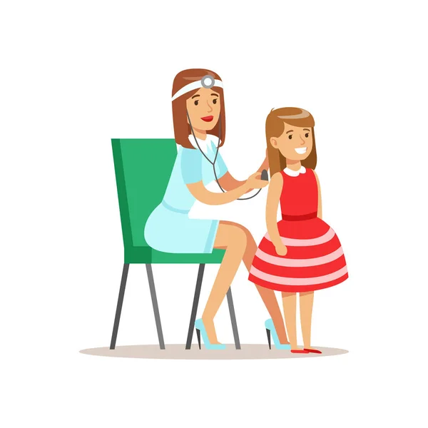 Mädchen mit Thetoskop auf ärztliche Untersuchung mit Kinderärztin, die körperliche Untersuchung für die Vorschule Gesundheitsinspektion — Stockvektor