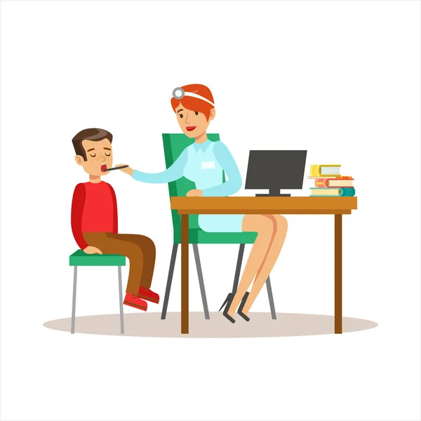Boy On Medical Check-Up With Female Pediatrician Doctor Doing Physical Examination With Computer For The Pre-School Health Inspection — Stock Vector