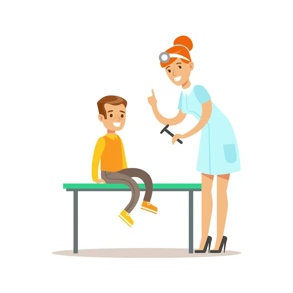 Boy On Medical Check-Up With Female Pediatrician Doctor Doing Physical Examination Checking Reflexes For The Pre-School Health Inspection — Stock Vector