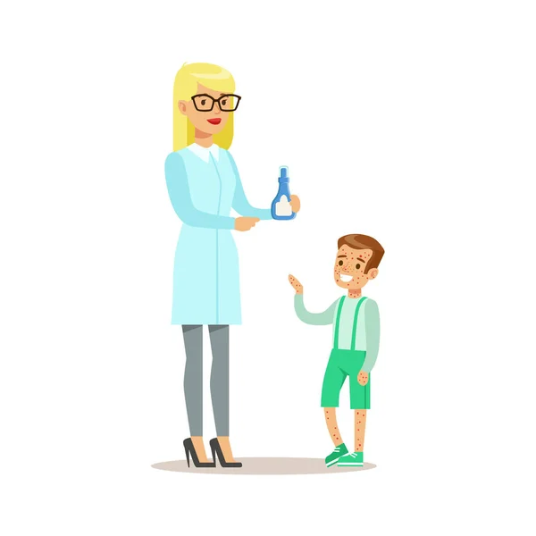 Boy With Rash On Medical Check-Up With Female Pediatrician Doctor Doing Physical Examination For The Pre-School Health Inspection — Stock Vector