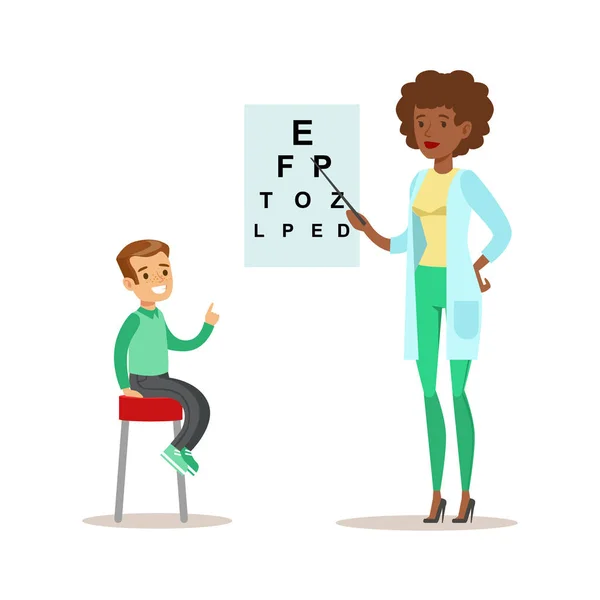 Boy Checkeing His Eyesight With Chart On Medical Check-Up With Female Pediatrician Doctor Doing Physical Examination For The Pre-School Health Inspection — Stock Vector