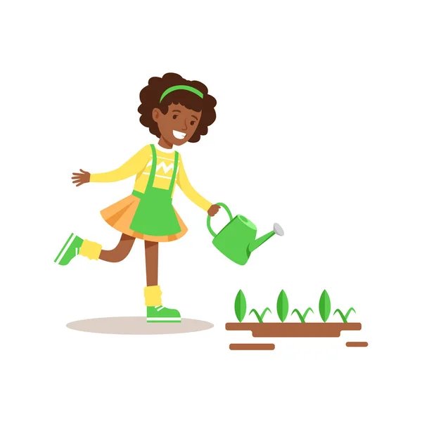 Öntözés lány hajtások, segítve a környezetbarát Kertészet szabadban része a gyerekek és a természet sorozat — Stock Vector