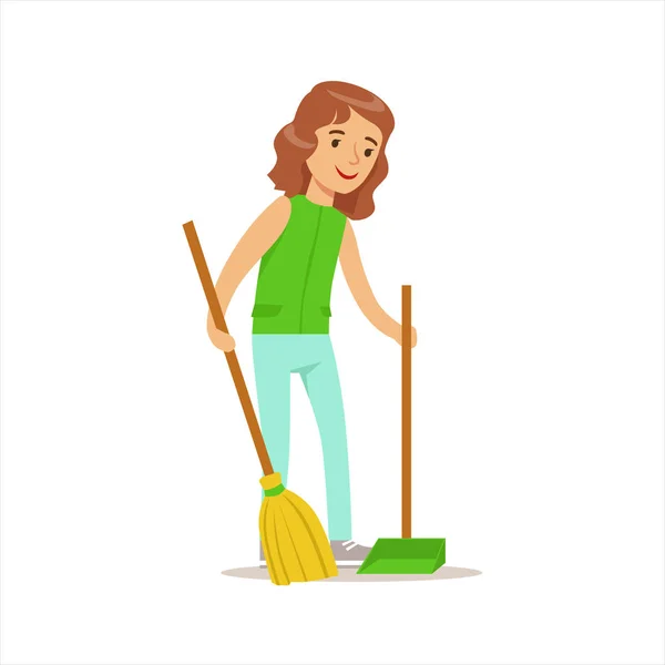 Girl Cleaning Up With Broom And Duster Helping In Eco-Friendly Gardening Outdoors Part Of Kids And Nature Series (dalam bahasa Inggris). - Stok Vektor