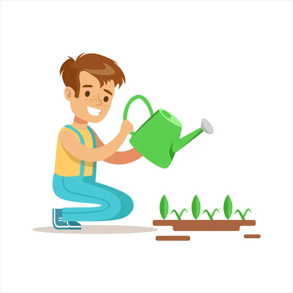 Boy Watering Sprouts Helping In Eco-Friendly Gardening Outdoors Part Of Kids And Nature Series — Stock Vector