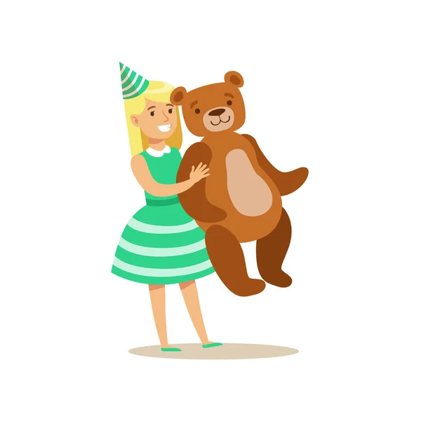 Menina segurando Urso de peluche gigante, Cena de festa de aniversário de crianças com personagem sorridente dos desenhos animados — Vetor de Stock