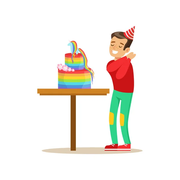 Boy Enjoying Rainbow Cake, Kids Birthday Party Scene With Cartoon Smiling character — стоковый вектор