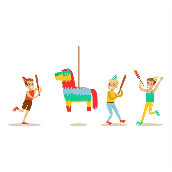 Niños jugando con piñata en forma de caballo, escena de fiesta de cumpleaños de niños con personaje sonriente de dibujos animados — Vector de stock