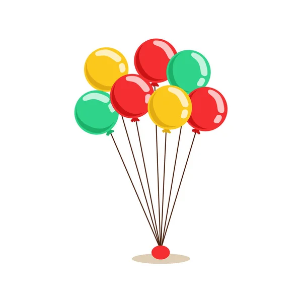 Bouquet de ballons de fête multicolore à l'hélium volant, scène de fête d'anniversaire pour enfants avec personnage souriant de bande dessinée — Image vectorielle