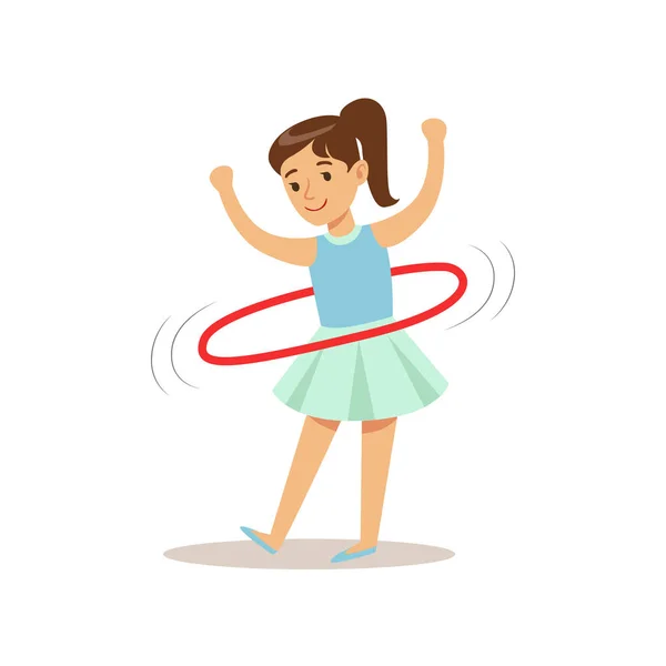 Menina fazendo Hula-hoop, criança praticando diferentes esportes e atividades físicas na aula de educação física — Vetor de Stock