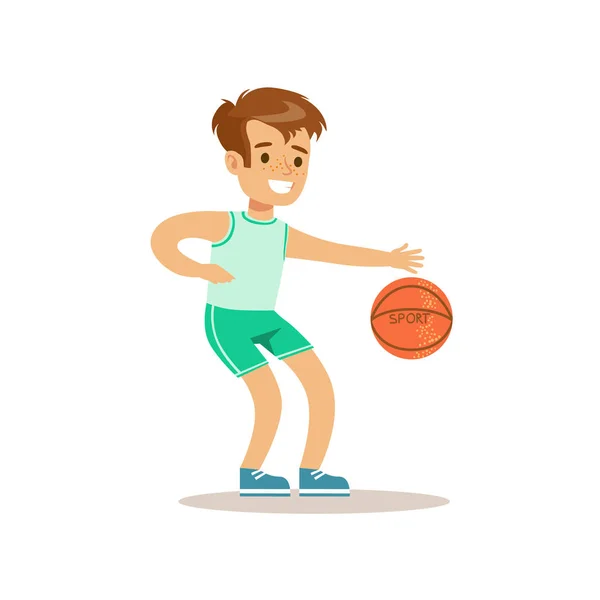 Jongen spelen basketbal, Kid beoefenen van verschillende sporten en fysieke activiteiten In lichamelijke opvoeding klasse — Stockvector