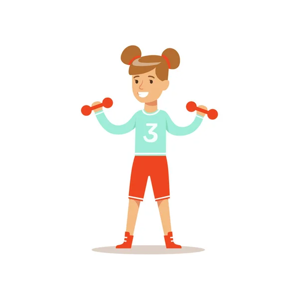 Dziewczyna robi ćwiczenia z hantlami, Kid uprawiania różnych sportów i aktywności fizycznej w wychowania fizycznego Klasa — Wektor stockowy