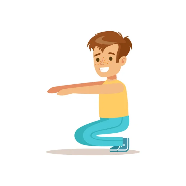 Pojken gör Sit Ups, Kid öva olika idrotter och fysiska aktiviteter i fysisk fostran klass — Stock vektor