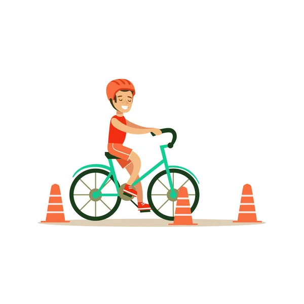 体育授業における身体活動、子供の練習の異なるスポーツ自転車に乗る少年 — ストックベクタ