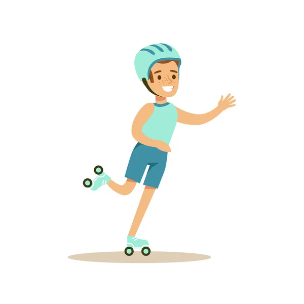 Boy Roller Skating, Kid Practicing Different Sports And Physical Activities In Physical Education Class — Stock Vector