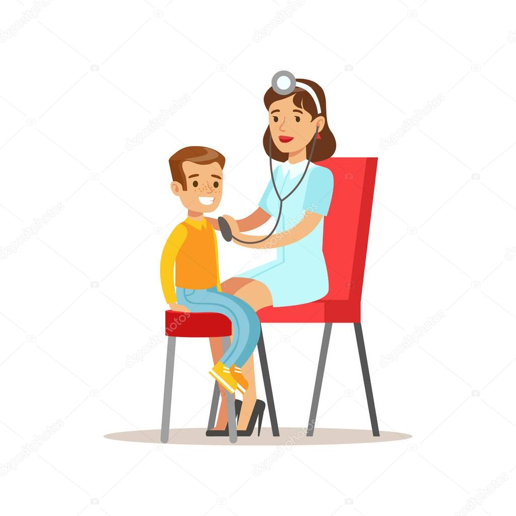Kid On Medical Check-Up With Female Pediatrician Doctor Doing Physical Sthetoscope Examination For The Pre-School Health Inspection