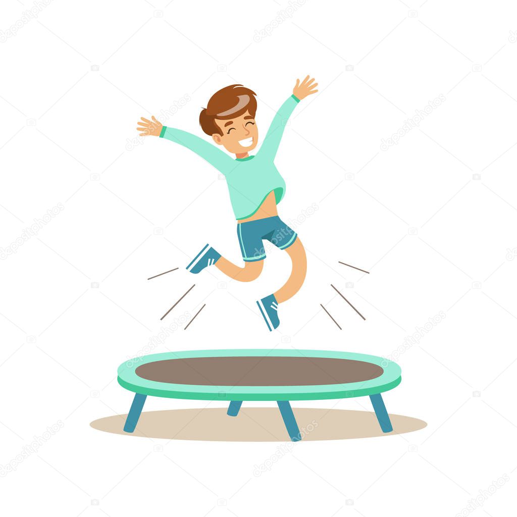 Boy Jumping On Trampoline, Kid Practicing Different Sports And Physical Activities In Physical Education Class