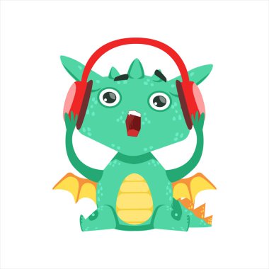 Küçük Anime tarzında bebek Ejder kulaklık çizgi film karakteri Emoji çizim ile müzik dinlemek