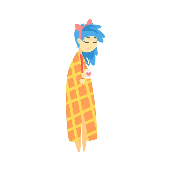 伤心的女孩裹在毛毯，喝杯热饮料，感觉蓝色的蓝头发，部分抑郁的女性卡通人物系列 — 图库矢量图片