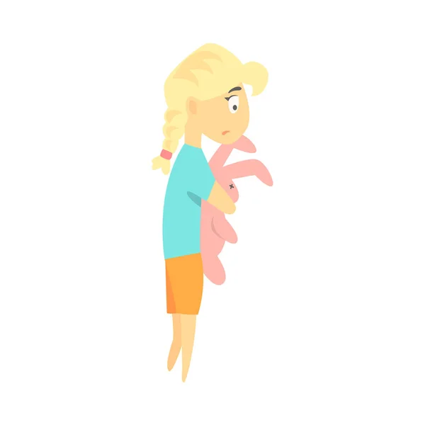 Triste petite fille blonde avec jouet lapin se sentant bleu, partie de la série de personnages de dessins animés féminins déprimés — Image vectorielle