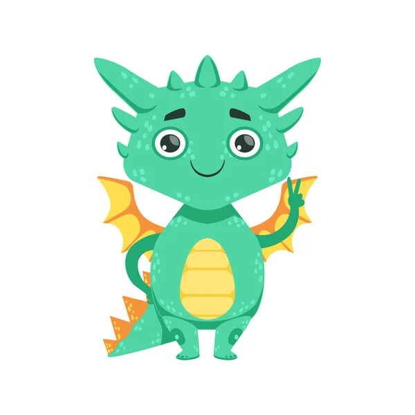 Little Anime Style Baby Dragon Sorridente e mostrando la pace Gesto Personaggio dei cartoni animati Emoji Illustrazione — Vettoriale Stock