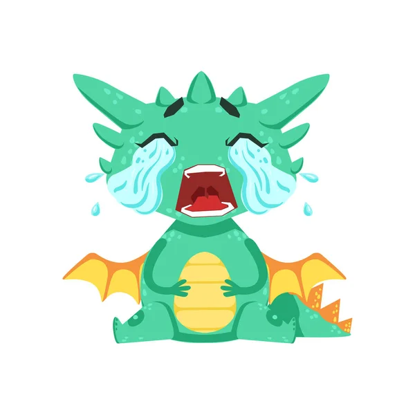 Lite Anime stil Baby Dragon Crying Out Loud med strömmar av tårar tecknad karaktär Emoji Illustration — Stock vektor