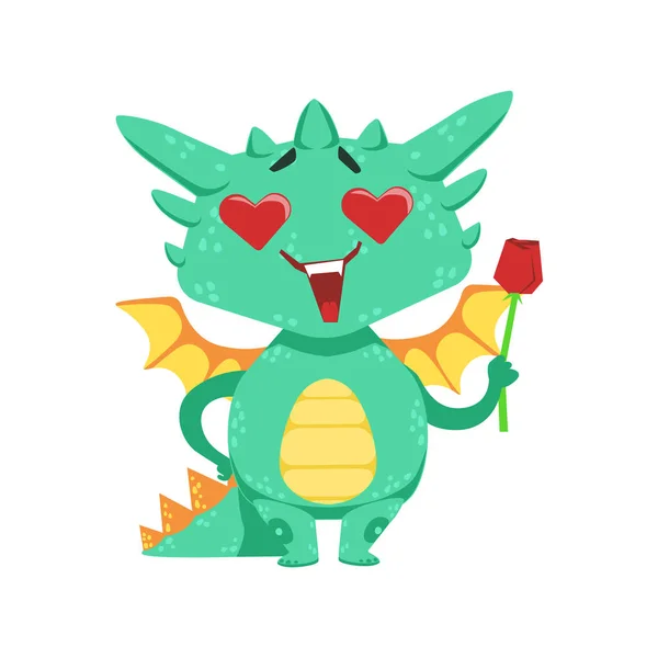 Weinig Anime stijl Baby Dragon verliefd houden enkele rode roos Cartoon karakter Emoji illustratie — Stockvector